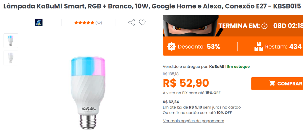 L Mpada Kabum Smart Rgb Branco W Google Home E Alexa Conex O