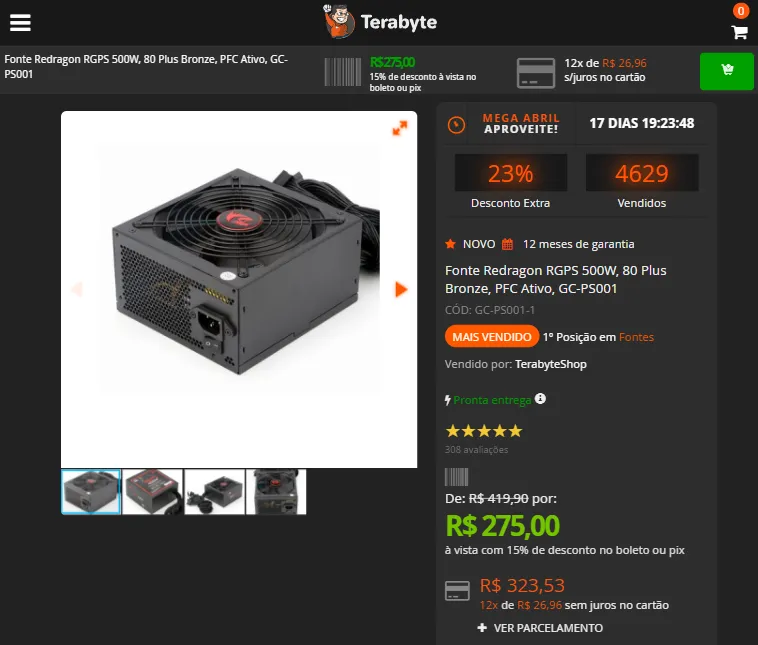 Fonte Redragon RGPS 500W 80 Plus Bronze PFC Ativo GC PS001