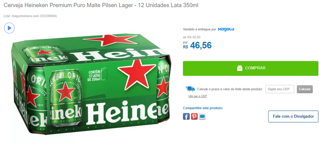 Cerveja Heineken Premium Puro Malte Pilsen Lager 12 Unidades Lata