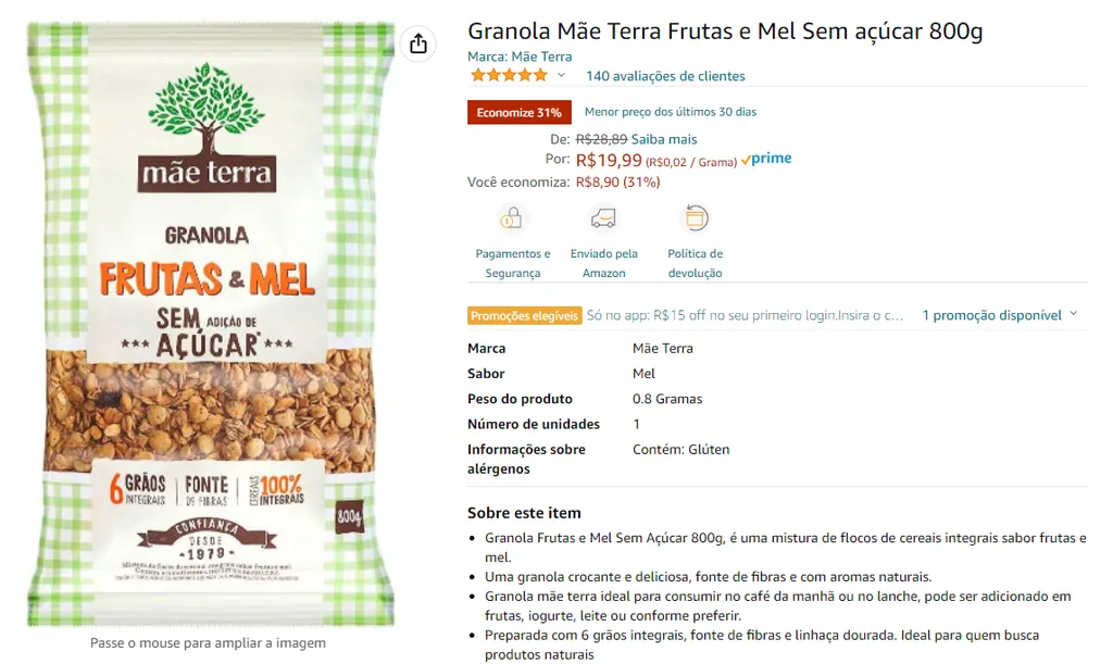 Granola Mãe Terra Frutas e Mel Sem açúcar 800g 80085 Canaltech Ofertas