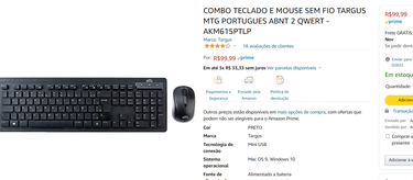 Combo Teclado E Mouse Sem Fio Targus Mtg Portugues Abnt Qwert