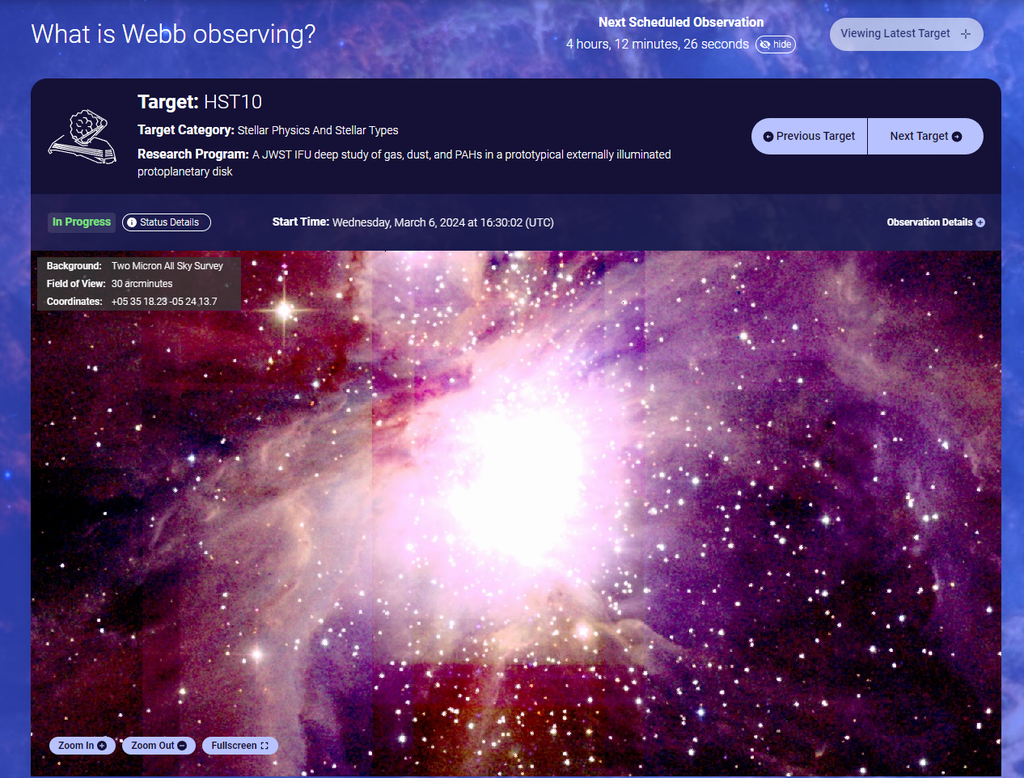 O site Space Telescope Live mostra informações sobre o que os telescópios da NASA estão observando (Imagem: Captura de tela/Space Telescope Live)