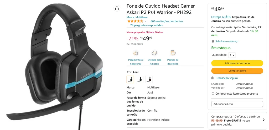 Fone De Ouvido Headset Gamer Askari P2 Ps4 Warrior PH292 133718