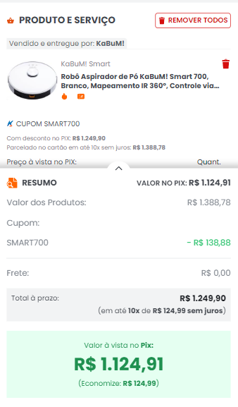 Robô Aspirador de Pó KaBuM Smart 700 Mapeamento IR 360º Controle via