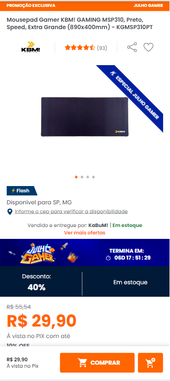 Mousepad Gamer Kbm Gaming Msp Preto Speed Extra Grande