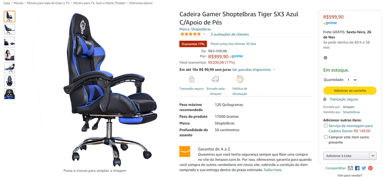 Cadeira Gamer Shoptelbras Tiger Sx Azul C Apoio De P S Canaltech Ofertas