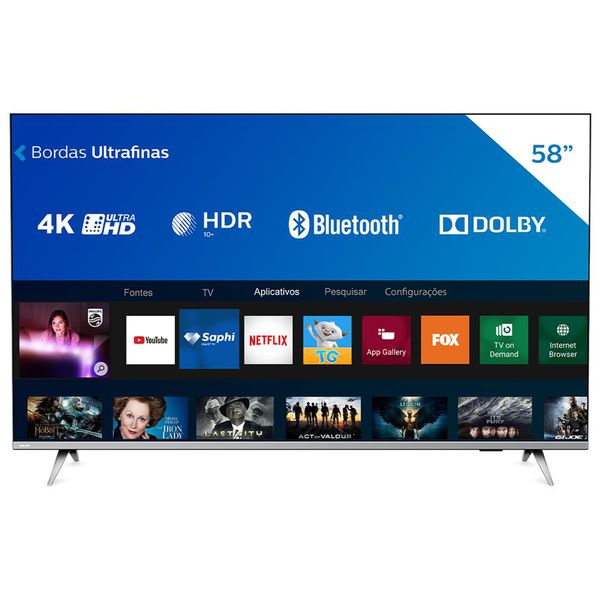 Smart TV LED 58" 4K Philips 58PUG6654/78 com HDR, Dolby Vision, Dolby Atmos, Wi-Fi, Quad Core, Bluetooth, Entradas HDMI e USB