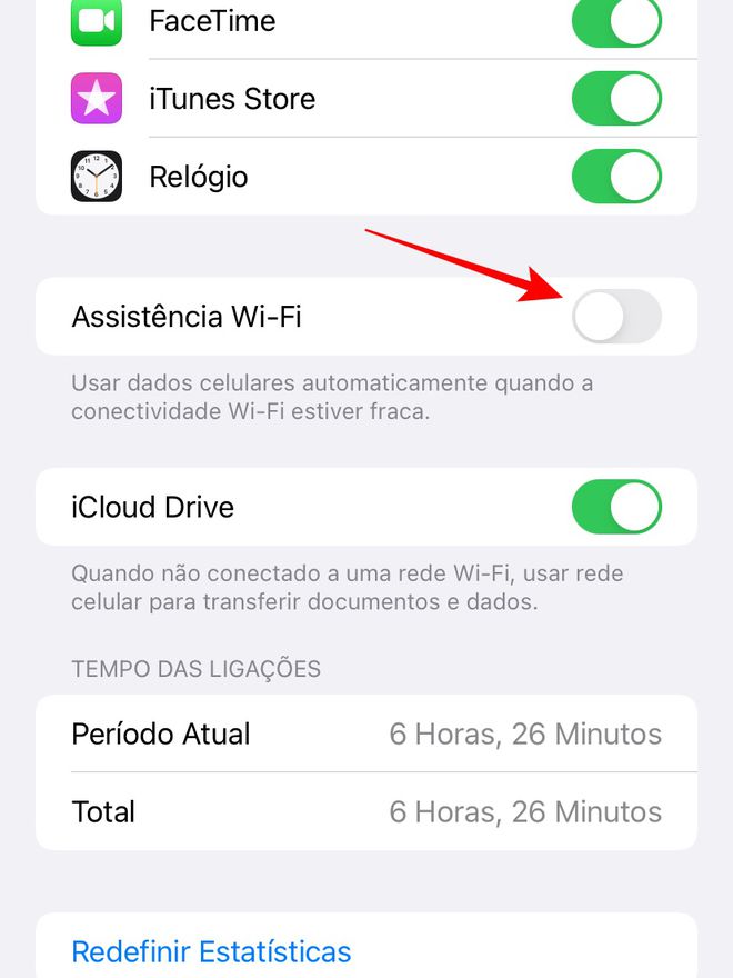 Desativar a Assistência Wi-Fi evita que o iPhone utilize os dados móveis ao invés da rede particular e consuma os dados do plano contratado - Captura de tela: Thiago Furquim (Canaltech)