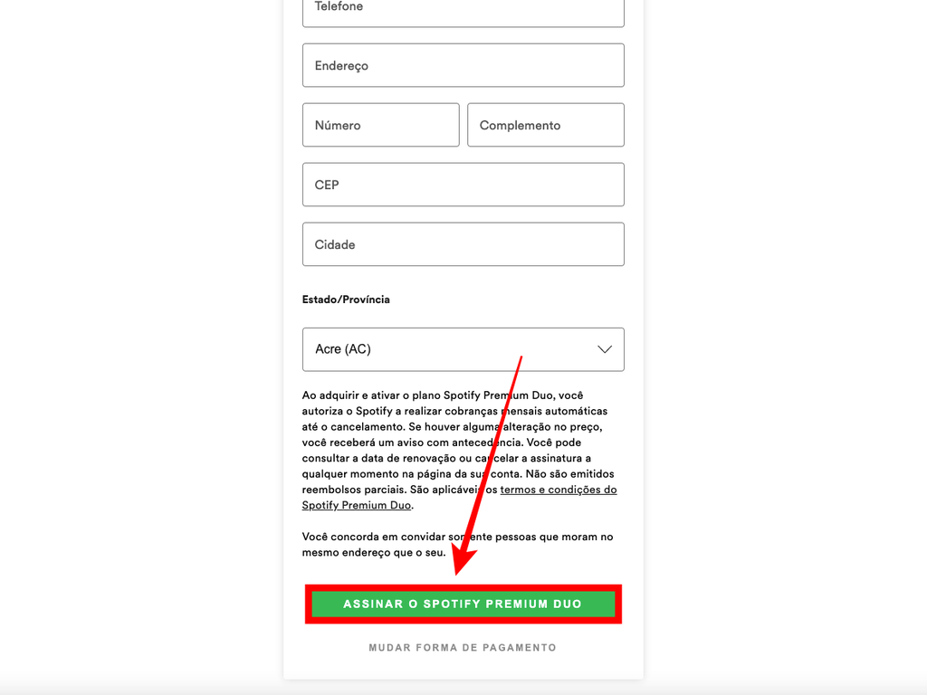 Informe ao Spotify mais alguns dads, como endereço completo e telefone. Finalize sua assinatura clicando no botão verdinho (Captura de tela: Caio Carvalho/Canaltech)