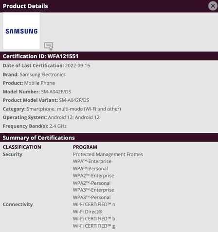 Samsung Galaxy A04 Core certificações Samsung Galaxy A04 Core certificações