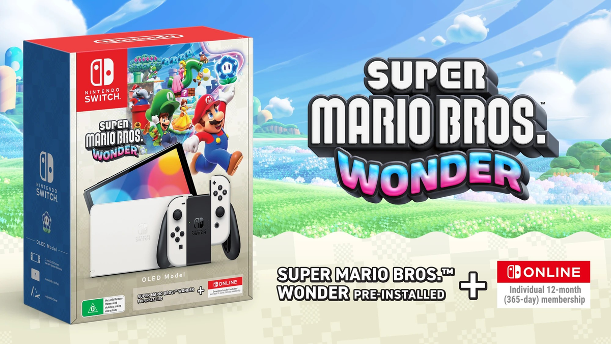 Nintendo Switch OLED + Super Mario Wonder e 1 ano de Switch Online no precinho