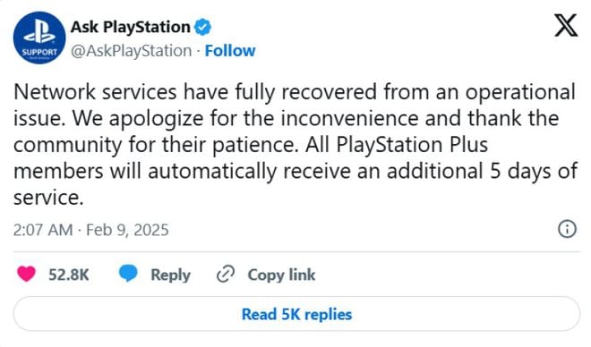 Tweet da Sony oferecendo 5 dias de PSN aos assinantes