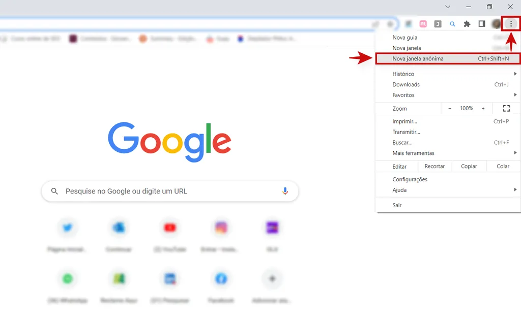 Para usar a navegação anônima no Google Chrome, acesse o menu e selecione a opção correspondente (Captura: Kris Gaiato)