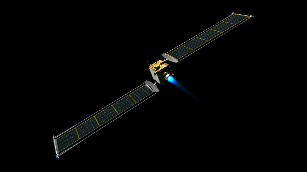 Ilustração da nave da missão DART com os painéis solares estendidos (Imagem: Reprodução/NASA)