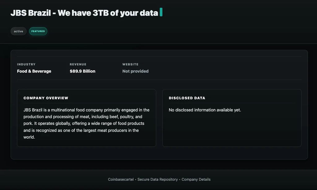 Informações do grupo hacker indicam o roubo de 3 TB de dados, mas sem detalhes ou provas da brecha (Imagem: Coinbasecartel/Divulgação)