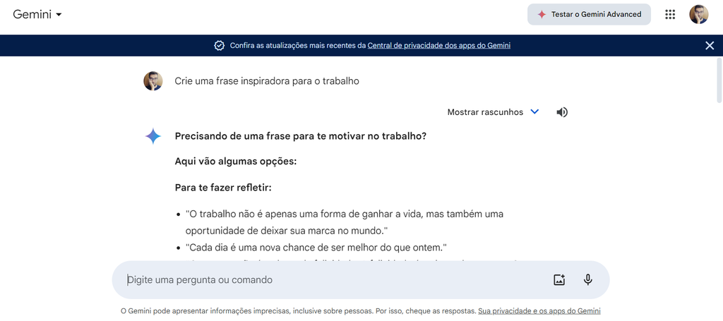 É possível usar o Google Gemini para elaborar mensagens motivacionais (Imagem: Captura de tela/Guilherme Haas/Canaltech)