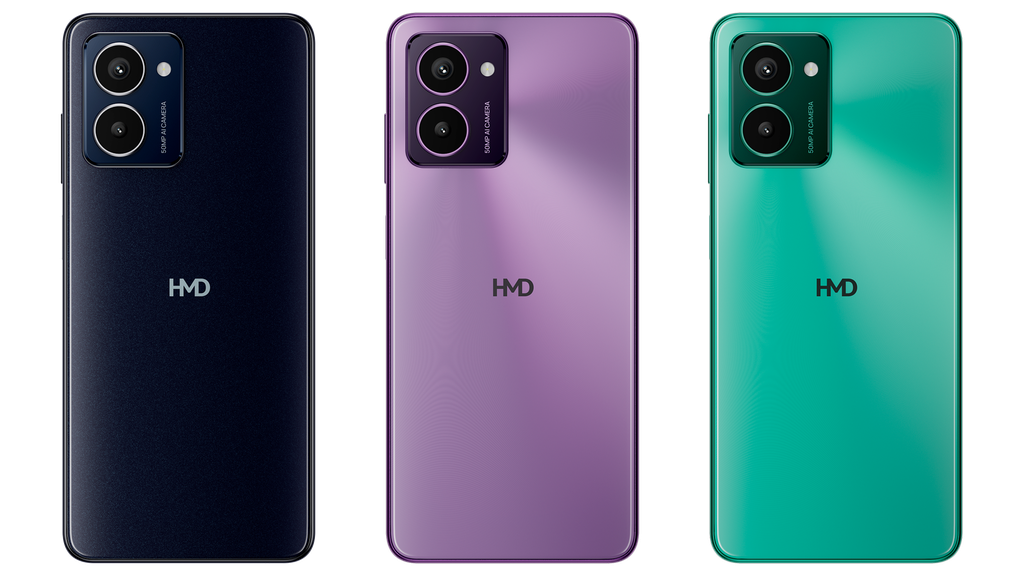 Com visual que lembra uma mescla de celulares da Nokia e da Motorola, o HMD Pulse Pro chega nas cores preto, roxo e ciano (Imagem: Divulgação/HMD Global)