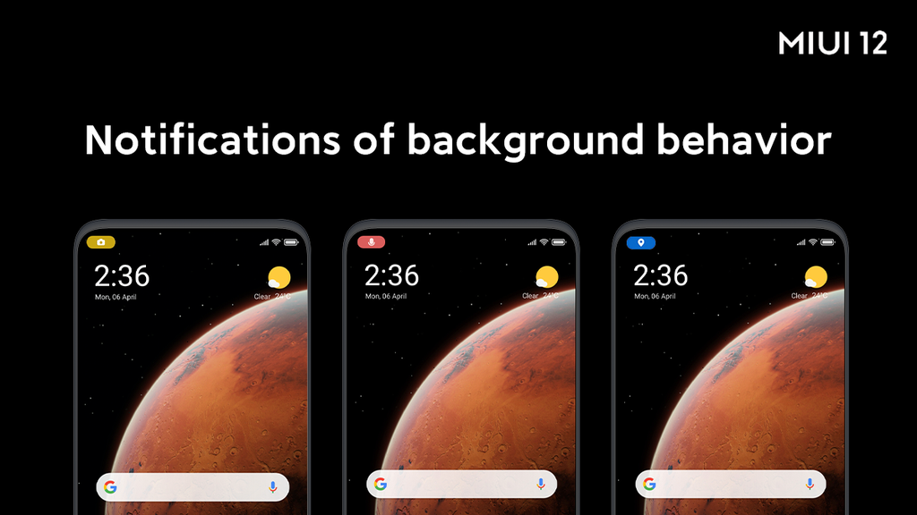 MIUI 12 tem notificações destacadas para informar quando um app usa GPS, câmera ou microfone (Imagem: Reprodução/Xiaomi)