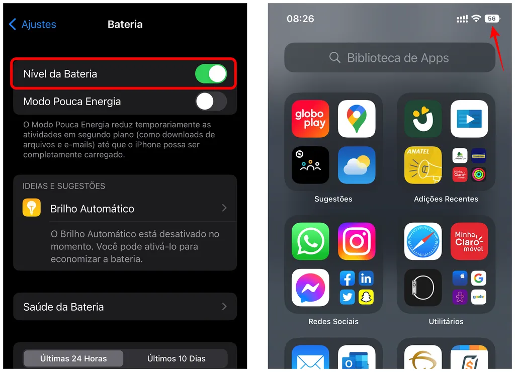 Ative o nível de bateria no status do iPhone com Face ID (Captura de tela: Bruno Salutes/Canaltech)