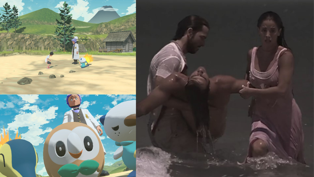 Treinador e Pescador Parrudo são encontrados em praia após caírem do céu (Imagem: Montagem/Canaltech/Nintendo/Globo)
