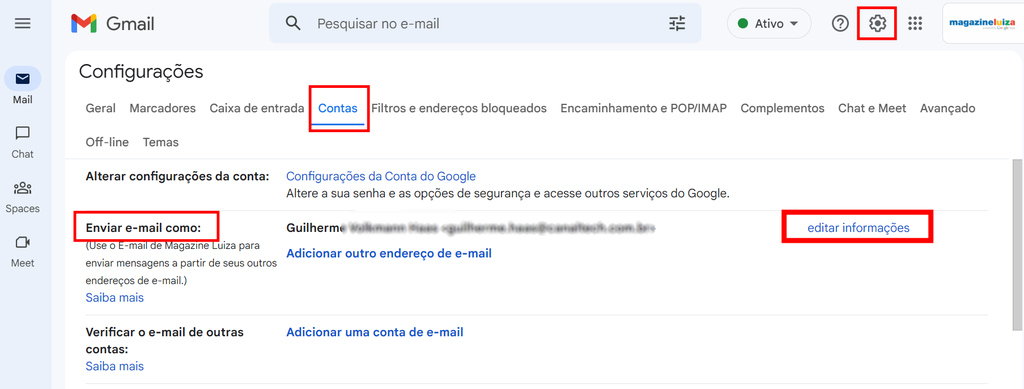 Você pode alterar o nome de exibição de sua conta no Gmail (Imagem: Captura de Tela/Guilherme Haas/Canaltech)