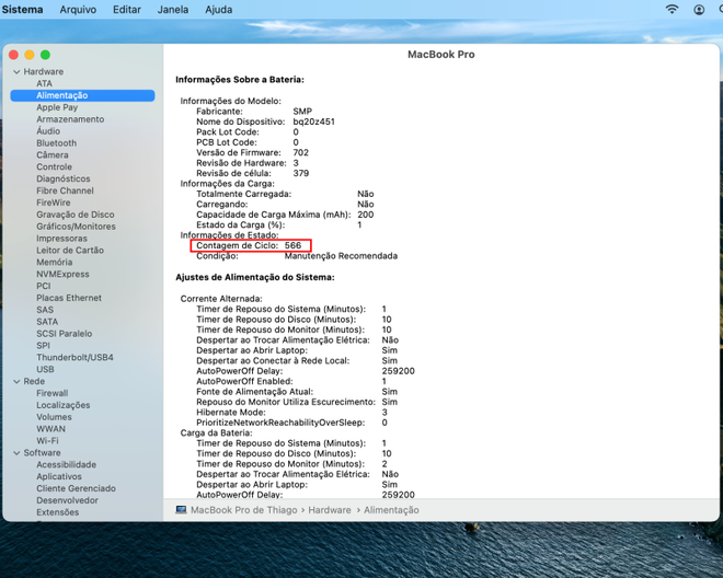 Descubra quantos ciclos foram utilizados pela bateria do MacBook - Captura de tela: Thiago Furquim (Canaltech)