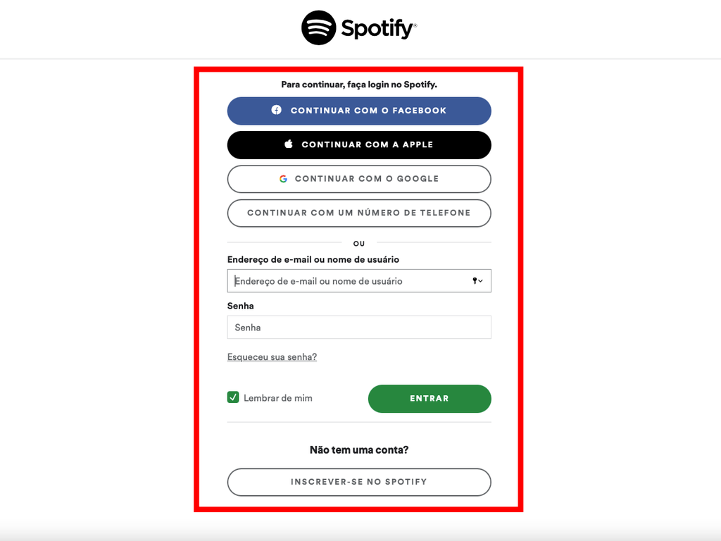 Se já tiver um cadastro no Spotify, prossiga inserindo seu e-mail e senha. Caso seja o seu primeiro acesso, crie uma nova conta (Captura de tela: Caio Carvalho/Canaltech)