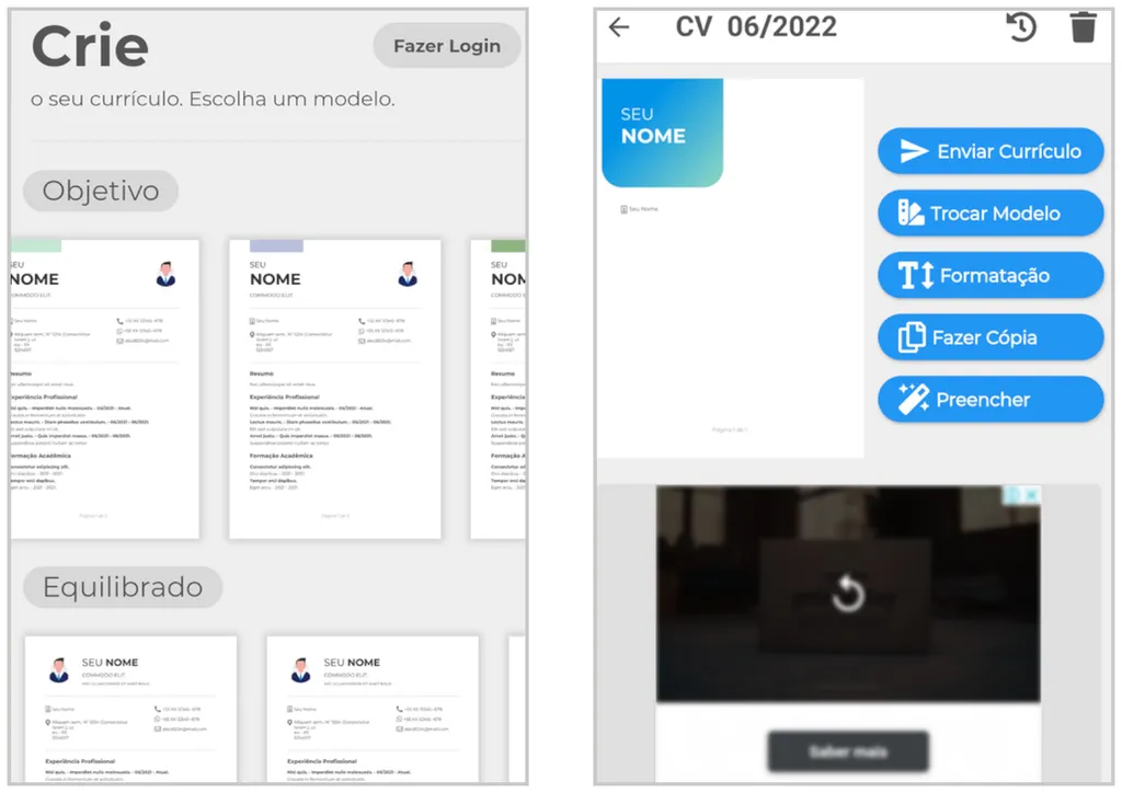 Como fazer currículo pelo celular; monte seu currículo rapidamente usando o app Meu Currículo (Imagem: Captura de tela/Thiago Furquim/Canaltech)