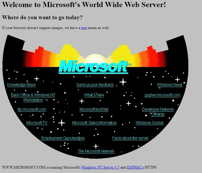 O visual antigo do site da Microsoft chamava atenção por conta dos links espalhados entre as estrelas (Imagem: Reprodução/Web Design Museum)