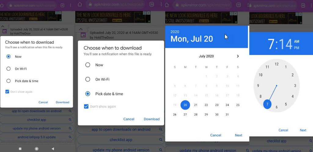 Janela com opções de agendamento de downloads no Google Chrome para Android. Imagem: Techdows/Reprodução.