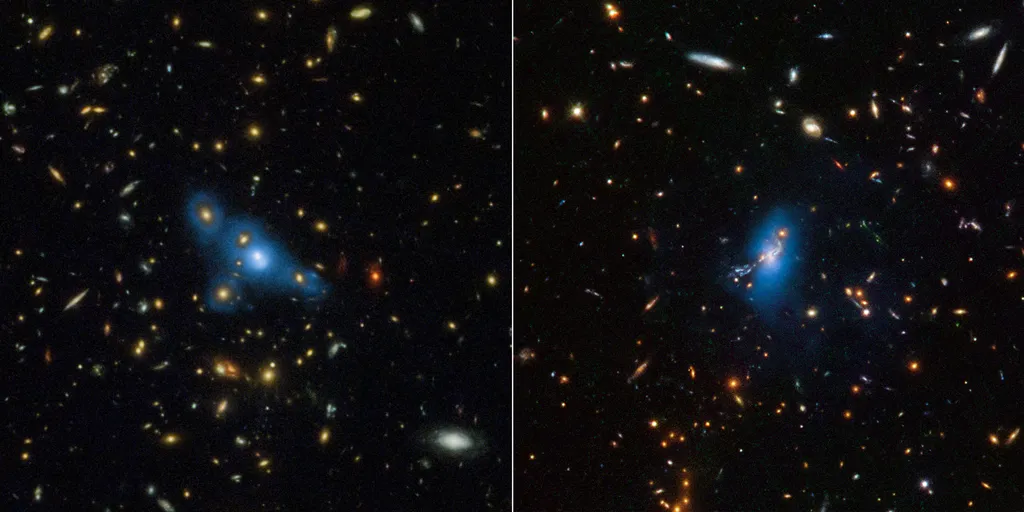 Os dois enormes aglomerados de galáxias (MOO J1014+0038 no painel esquerdo e SPT-CL J2106-5844 no painel direito) possuem uma luz muito fraca ao redor (colorida artificialmente em azul) formada pelas estrelas errantes (Imagem: Reprodução/NASA/ESA/STScI/James Jee/Joseph DePasquale (STScI))