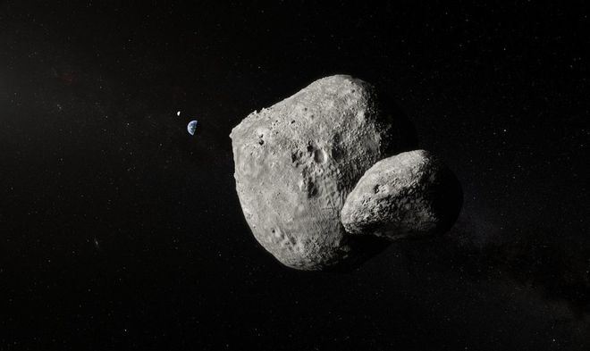 Impressão artística do asteroide binário NEO 1999 KW4, um NEO potencialmente perigoso, com aproximadamente 1,3 km de diâmetro (Imagem: ESO)