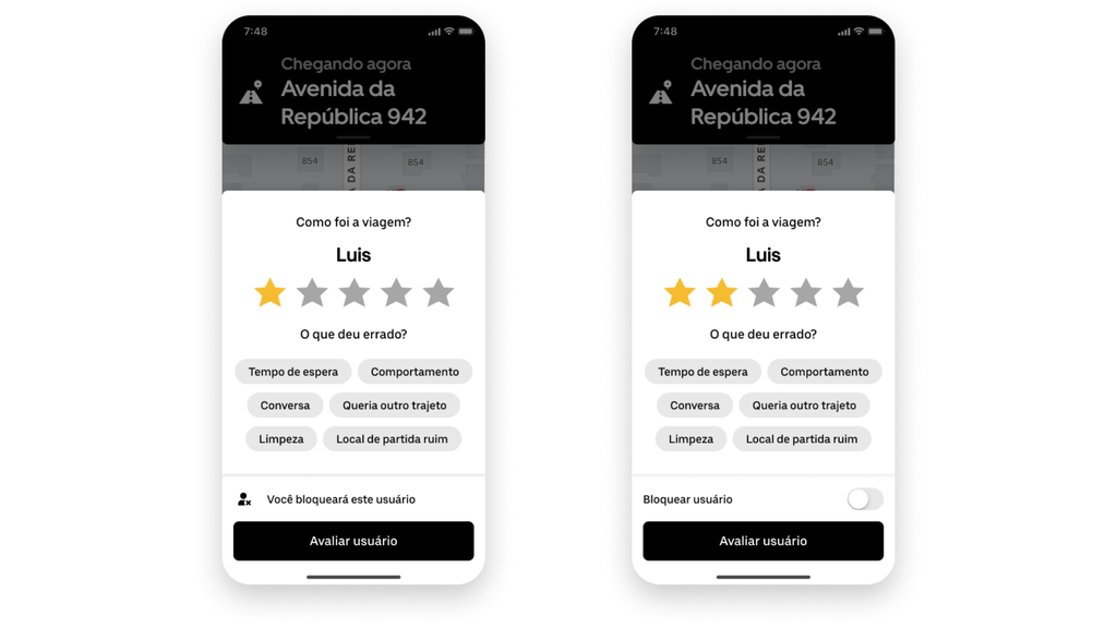 Capturas de tela do aplicativo da Uber que mostram a opção para bloquear passageiros