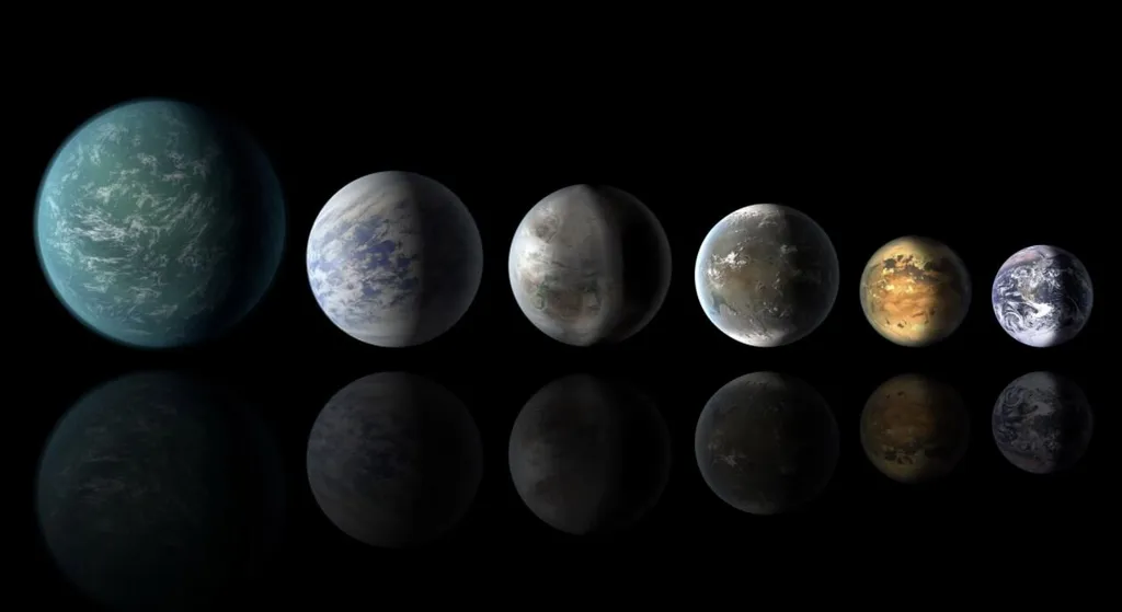 Ilustração de alguns exoplanetas já descobertos na zona habitável, onde a água pode ocorrer em estado líquido, em comparação com a Terra (Imagem: Reprodução/NASA/Ames/JPL-Caltech)