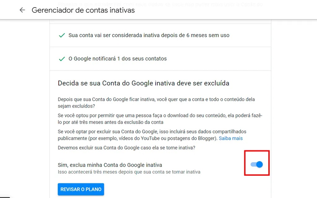 Marque a opção para remover a conta do Google quando ela se tornar inativa (Imagem: Captura de tela/André Magalhães/Canaltech)
