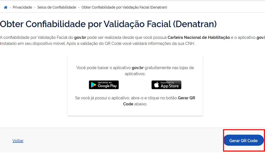 Gere um QR Code para validação (Captura de tela: André Magalhães)
