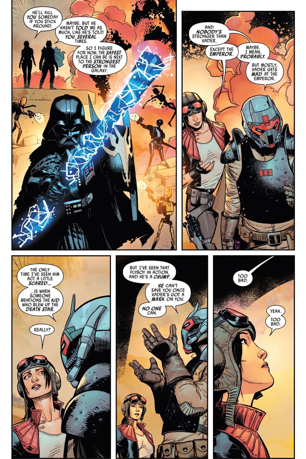 Ochi diz a Aphra que a única pessoa que parece assustar Darth Vader "é o garoto que explodiu a Estrela da Morte" (Imagem: Reprodução/Marvel Comics)