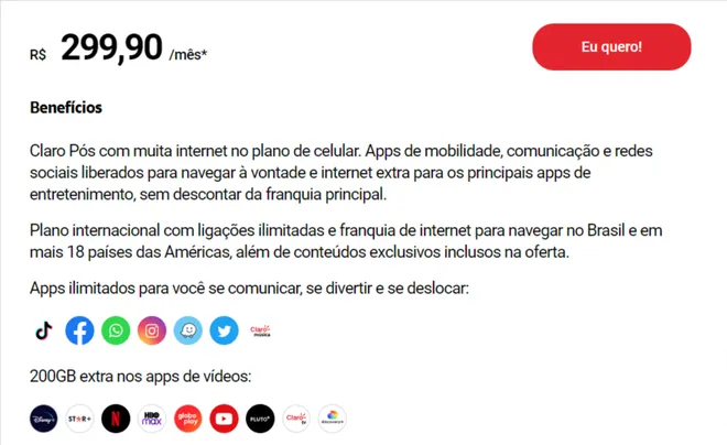 Claro Pós-PagoWhatsApp,Instagram,Facebook,Twitter ilimitados