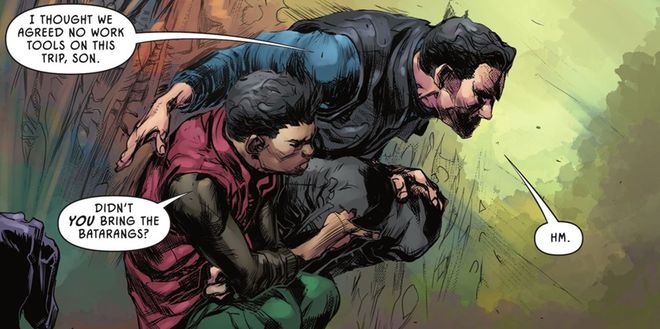 Bruce Wayne é questionado pelo filho Damian sobre o batarangue que ele sempre carrega consigo (Imagem: Reprodução/DC Comics)
