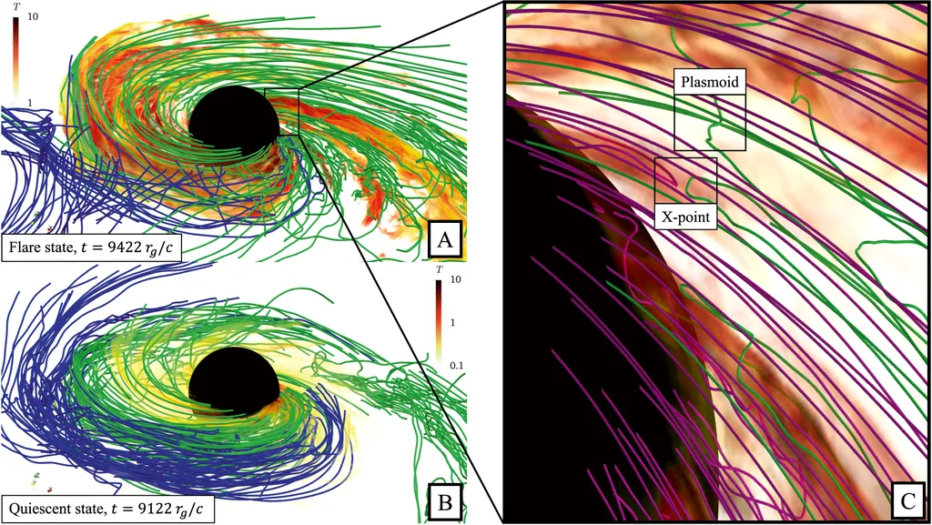 Aqui, o buraco negro da simulação está em uma perspectiva tridimensional e revela como o plasma é isolado pelo rompimento das linhas (Imagem: Reprodução/B. Ripperda et al./Astrophysical Journal Letters)