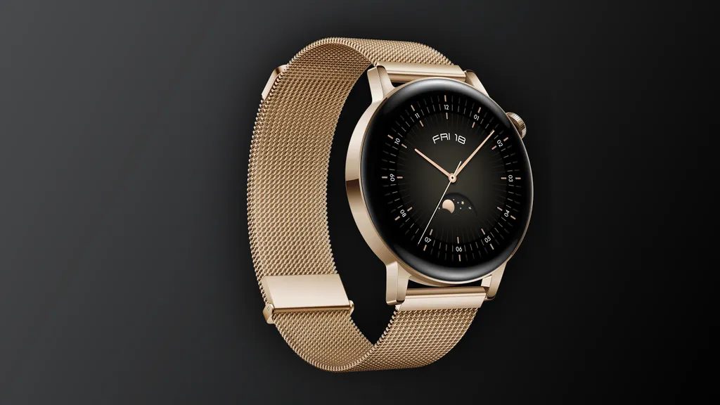 Huawei Watch GT 3 com pulseira milanese dourada amplia o apelo premium do smartwatch (Imagem: Reprodução/Huawei)