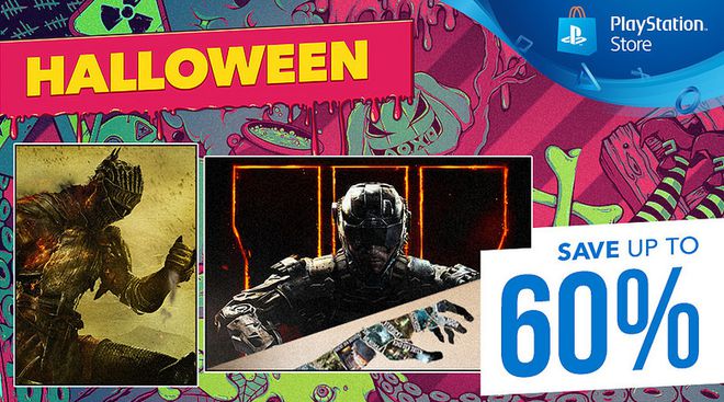 Banner anunciando a promoção de Halloween da PlayStation Store traz mais de 100 jogos descontados em até 60% (Imagem: Divulgação/Sony)