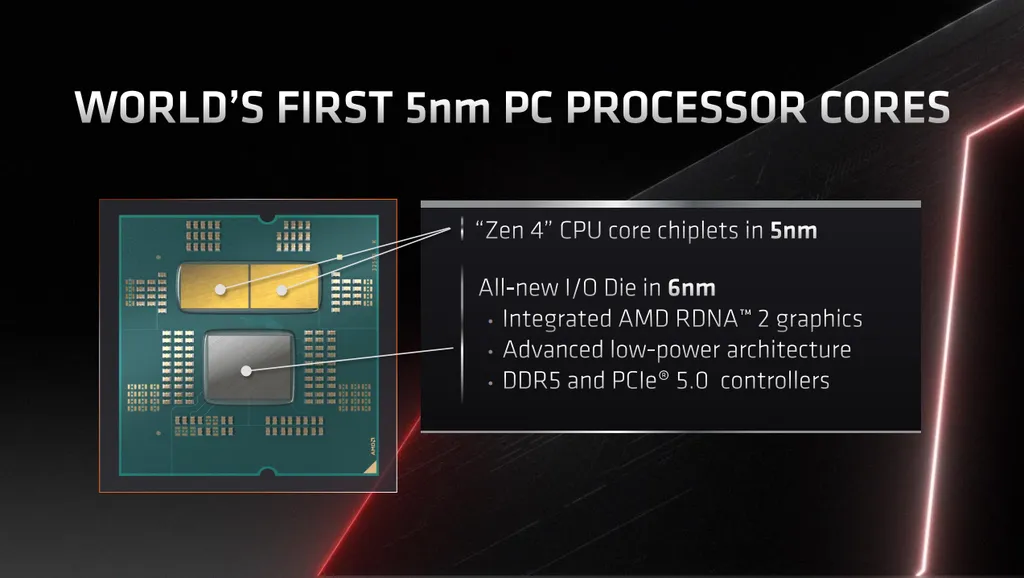 Com núcleos Zen 4 e litografia de 5 nm, os novos AMD Ryzen 7000 prometem avanços significativos em performance por Watt, associados a novos recursos como RAM DDR5 e barramento PCIe 5.0 (Imagem: AMD)
