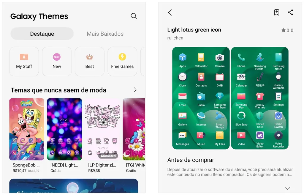 Celulares Galaxy, da Samsung, possuem loja com opções para mudar os ícones do celular (Captura de tela: Caio Carvalho)