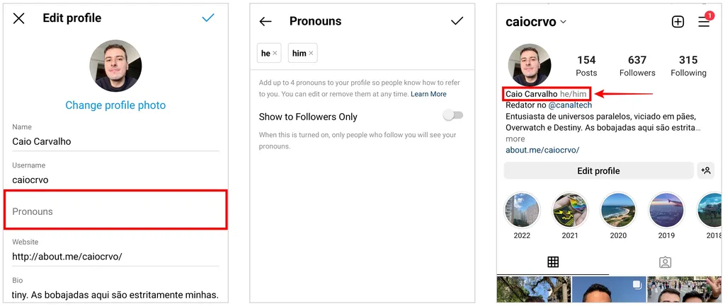 Como colocar pronomes no Instagram no app para Android (Captura de tela: Caio Carvalho)