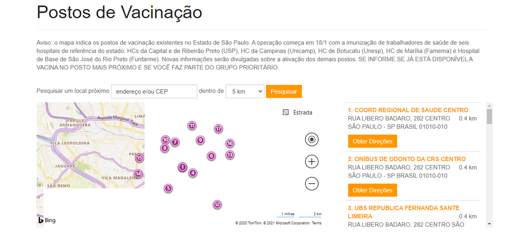 Página do site #VacinaJa permite encontrar o posto de vacinação mais perto de você (Imagem: Captura de tela/Nathan Vieira/Canaltech)