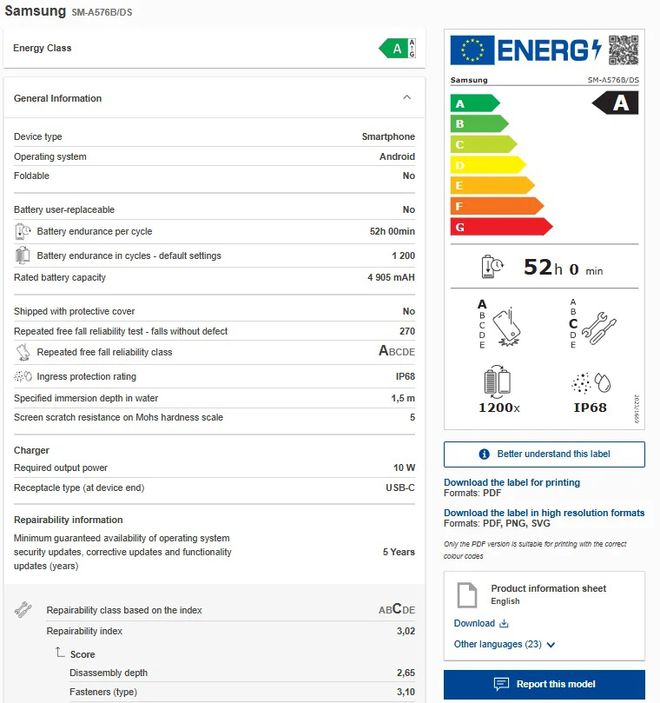 galaxy A57 certificação energética UE