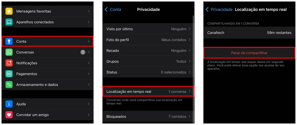 É possível parar de mandar localização em tempo real nas configurações do WhatsApp (Captura de tela: Caio Carvalho)
