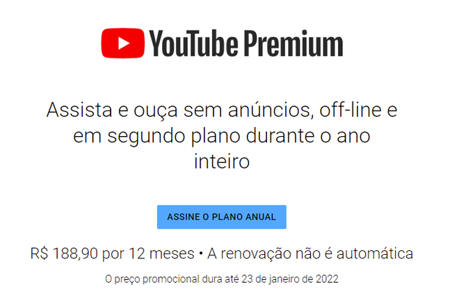 A opção anual do YouTube Premium estará disponível até 23 de janeiro (Captura: Igor Almenara/Canaltech)