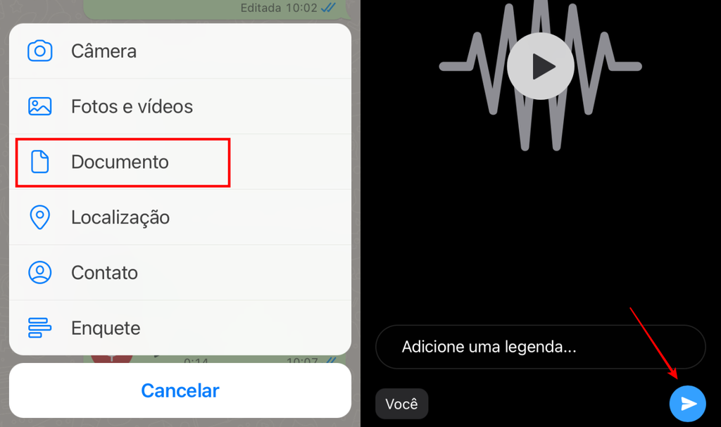 No iOS, você deve enviar o áudio em editado em forma de documento (Imagem: Captura de tela/Fabrício Calixto/Canaltech)